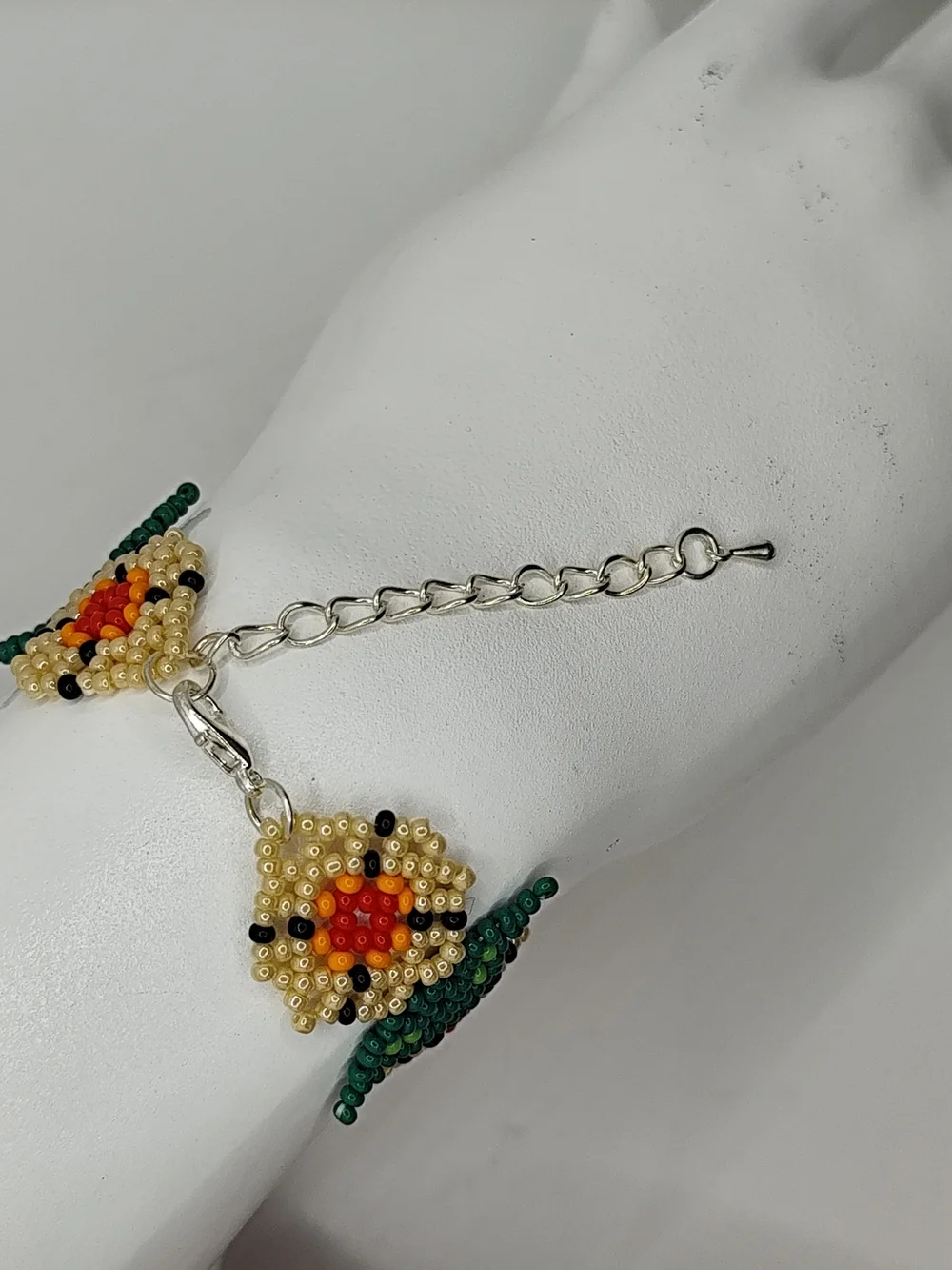 Vibrant Orange Floral Seed Bead Bracelet with Gold & Green Accents